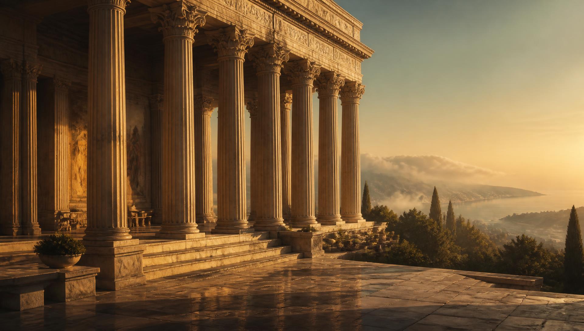 Marble colonnade at dawn — the threshold of IQUI Akademy
