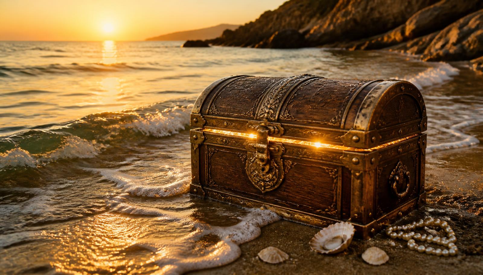 An antique treasure chest resting on the shoreline with light seeping from the lid