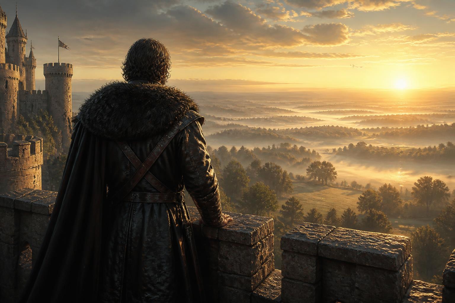 A lord on the ramparts of his own keep at dawn